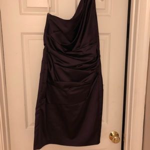 Purple David’s Bridal one-shoulder dress